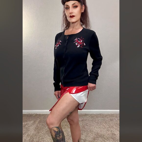 NWOT Y2K Red PU Skirt High Slit Punk Metal Fetish Dolls Kill Mini Stretch Sexy L - Picture 3 of 12